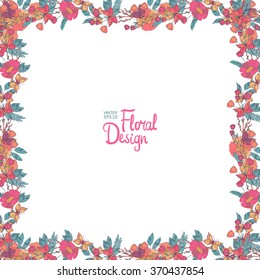 Vector  Floral  Frame. Hand Drawn Wildflowers, Berry, Butterfly, Flowers and Leaves Border On White Background. 