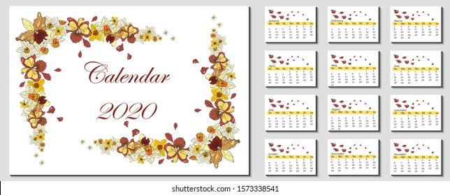 Vector floral frame horizontal calendar with pages. Botanical border element design. Cute candy sweet colors. Spring, summer flowers. Tender orchid flower.2020 new year