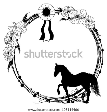 vector floral frame with horse, award rosette and poppies