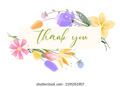 Vector floral frame illustration. Set of leaves, wildflowers, twigs, floral arrangements. Beautiful compositions of field grass and bright spring flowers. The inscription Thank you