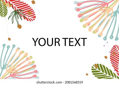 Vector floral frame isolated on white pink Background. Annual Herb, Floral Composition, Space for Text. Modern shapes with place for text. Banner, poster, social media post or stories, template, web.