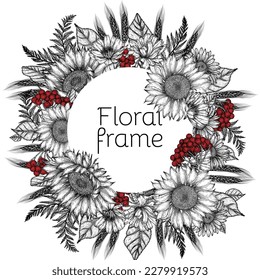 Vector floral frame. Linear graphic sunflower, chicory, chamomile, fern, ears of wheat, viburnum