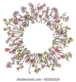 Vector floral frame made of hand drawn blooming branches. Invitation or greeting card. Beautiful spring design elements, warm vintage colors.