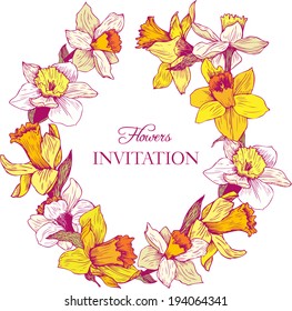 vector  floral frame with narcissus, template with flowers, gift card, vintage invitation, hand drawn  illustration