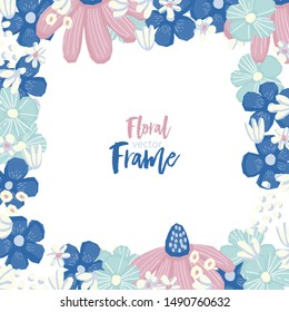 Vector floral frame. Nature background with flowers and leaves. Chamomiles and wildflowers