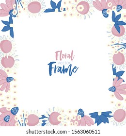 Vector floral frame. Nature background with flowers and leaves. Chamomiles and wildflowers