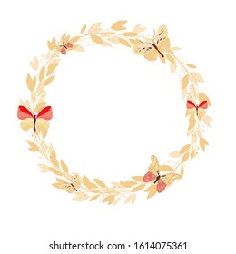 Vector floral frame on white background.  Wreath with leaves and berries, butterflies. Bright colorful spring.  