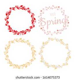 Vector floral frame on white background.  Wreath with leaves and flowers. Bright colorful spring.  