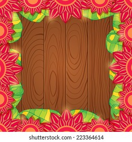 Vector Floral Frame on Wood Background. Invitation Card with Red Flowers.