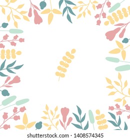 Vector floral frame with pastel wild plants. Different wild flowers and leaves composed into square for your design. Printed material for wedding invitations, greeting cards and business cards. 
