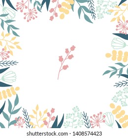 Vector floral frame with pastel wild plants. Different wild flowers and leaves composed into square for your design. Printed material for wedding invitations, greeting cards and business cards. 
