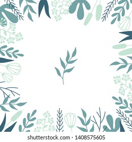 Vector floral frame with pastel wild plants. Different wild flowers and leaves composed into square for your design. Printed material for wedding invitations, greeting cards and business cards. 
