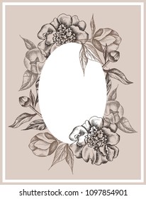 Vector floral frame with peonies and leaves. Linear  graphics, sketch, ink drawing, imitation of engraving.  Hand drawn plants,  line-art on white background. Retro, vintage flowers.