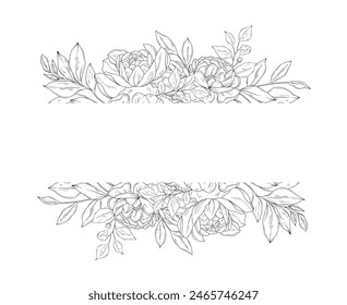 Vector floral frame with peony flowers, hand drawn wedding card design, botanical border, hand drawn line art floral illustration