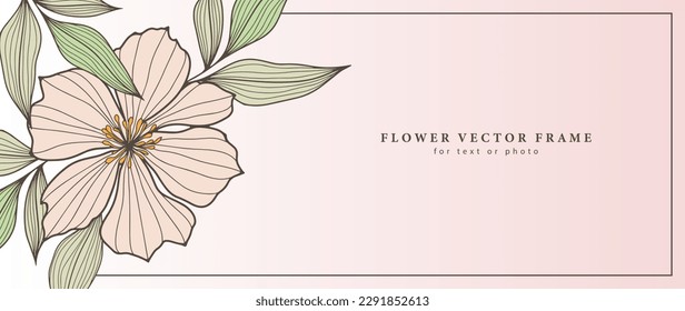 Marco vectorial floral para foto o texto en una gran flor rosa y hojas verdes. Antecedentes de postales, presentaciones, diplomas, tarjetas de visita