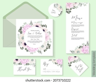 Vector floral frame. Pink dahlias, white roses, rununculus, anemones, eucalyptus, green plants and leaves. Invitation card, thank you, rsvp, menu, label, round postcard