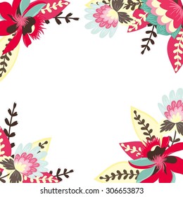 Vector floral frame with pink flowers and bright leaves
