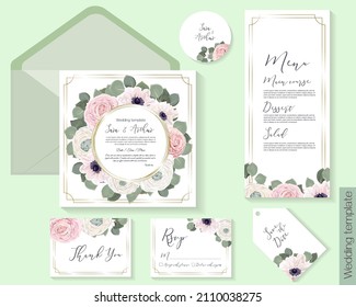 Vector floral frame. Pink roses, white roses, rununculus, anemones, eucalyptus, green plants and leaves. 