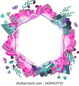 Vector floral frame with pink and violet peony, succulent,leaves. Trendy summer design.