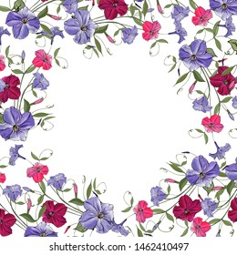 Vector floral frame with pink and violet flowers petunia. Background for your design, greeting cards, save the dates, wedding, birthday. 
