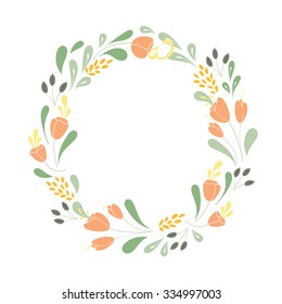 Vector floral frame with place for text.  Flower wreath with tulips and berries in pastel colors. Can be used for greeting cards, save the date cards, wedding invitations and other.