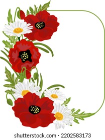Vector floral frame with poppy and chamomile flowers for greeting cards or other puposes. Floral ornaments.