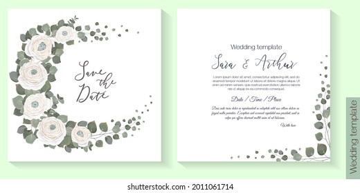 Vector floral frame for a postcard. White ranunculus, roses, eucalyptus, green plants and leaves.