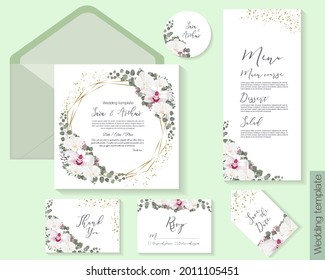 Vector Floral Frame For A Postcard. White And Royal Orchids, Eucalyptus, Green Plants And Leaves, Gold Sequins. Square Invitation Card, Thank You, Rsvp, Menu, Tag, Round Label. 