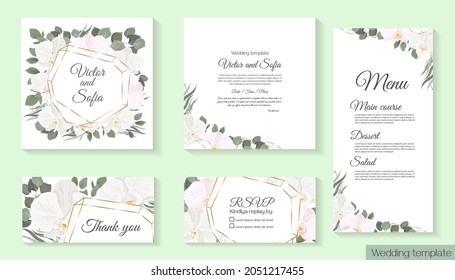 Vector floral frame for a postcard. White orchids, eucalyptus, green plants and leaves, gold sequins. Floral design for wedding invitation.