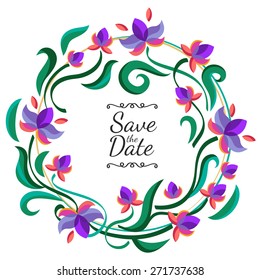 Vector floral frame with purple flowers. Wedding, birthday or save the date greeting card. Nature background.