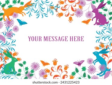 Vector floral frame with rabbits and butterflies