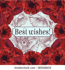 Vector floral frame of red poppies. Cute greeting card in vintage style
