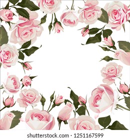 Vector floral frame with roses. Flowered background with pink flowers for wedding day or st. valentines day