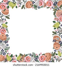 Marco floral vectorial. Roses y peonías dispuestas en el borde sobre fondo blanco