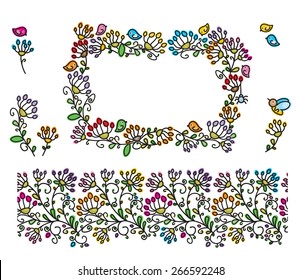 Vector floral frame, seamless  pattern and elements for design.