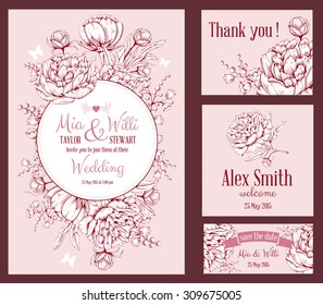 Vector Floral Frame Set for invitations or announcements with hand drawn luxurious peonies on pink background and space for your text. Easy to edit. 