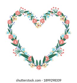 Vector floral frame in the shape of heart. Heart element for creating invitations, cards, posters, scrapbooking. Isolated on white background. Valetine's Day card.