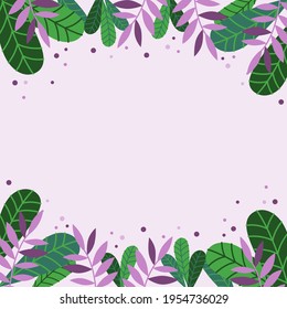 Marco floral vectorial. Sencillas hojas verdes y ramas sobre fondo rosa claro. Plantilla de verano con lugar para el texto. Fondo natural