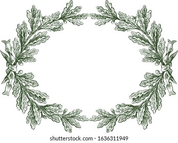 Vector floral frame from sketches oak branches with ribbon