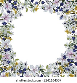 Vector floral frame. Sketchy flowers arrange in border on white background