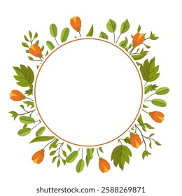Vector Floral Frame with Space for Text. Spring Botanical Illustration for Cards and Invitations. Orange Buds and Greenery for Elegant Designs.