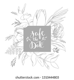Vector floral frame with square and save the date for wedding, greetings card, print, box, hand drawn flowers in retro style