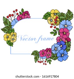 Vector floral frame. Stylized flowers, daisies, violets, leaves. Ideal for paper and gift making. Design greeting cards and wedding invitations, birthday, Valentine's Day, Mother's Day, holiday.