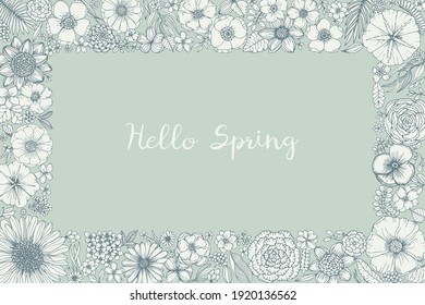 Vector floral frame. Summer flowers in hand draw doodle sketch style. Blooming flowers and herbs illustration.