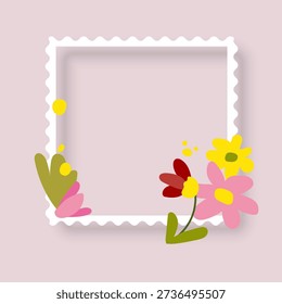 Vector floral frame template with a hand-drawn spring aesthetic. Featuring a white scalloped rectangular border decorated with colorful doodle flowers design, perfect for Mother’s Day greetings, wedding invitations, romantic notes, and feminine social media announcements