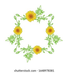 Plantilla de marco floral vectorial, Cuadro de texto cuadrado esbozado, Dibujos coloridos de hojas y flores, Elemento decorativo aislado en fondo blanco.