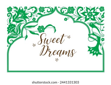 Vector floral frame, vignette, border, card design template. Elements in Oriental style. Floral silhouette border, premade card. Arabic ornament. Isolated ornaments.
