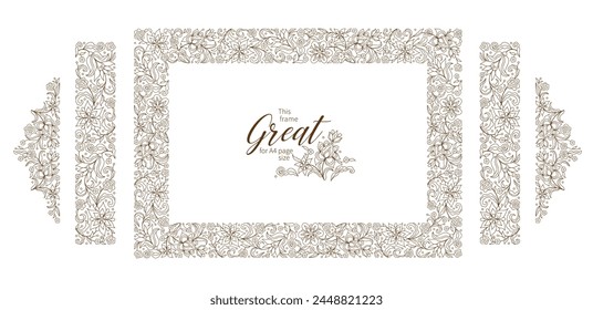 Vector floral frame, vignette, border, card design template. Elements in Oriental style. Floral contour border, premade card. Linear ornament. Isolated ornaments. A4 page size. Ornamental decoration