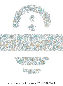 Vector floral frame, vignette, seamless border, card design template. Elements in Eastern style. Floral borders, flower ethnic illustration. Indian ornaments. Isolated ornament. Ornamental decor