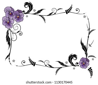 vector floral frame with viola flowers in violet and black colors